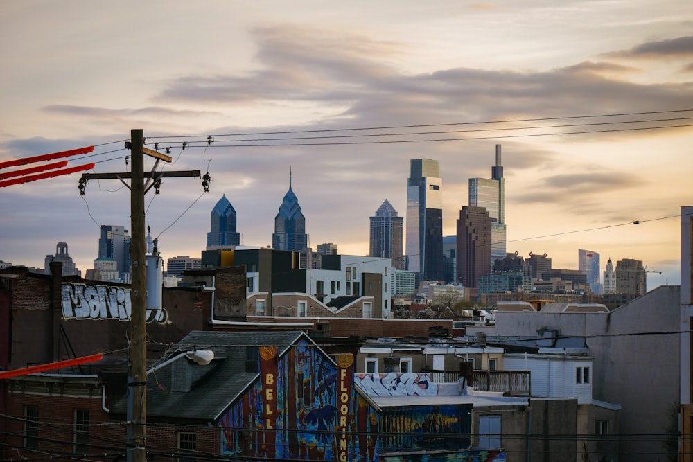 a view of a city skyline from a rooftop