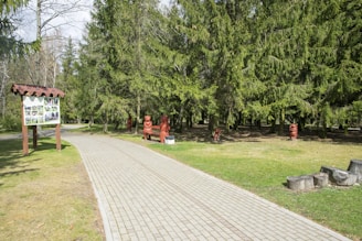 A paved pathway winds through a park setting with lush green grass and tall evergreen trees. Wooden sculptures, resembling people, are positioned near the path. A wooden sign with images and text is seen on the left, and wooden logs or seats are on the right.