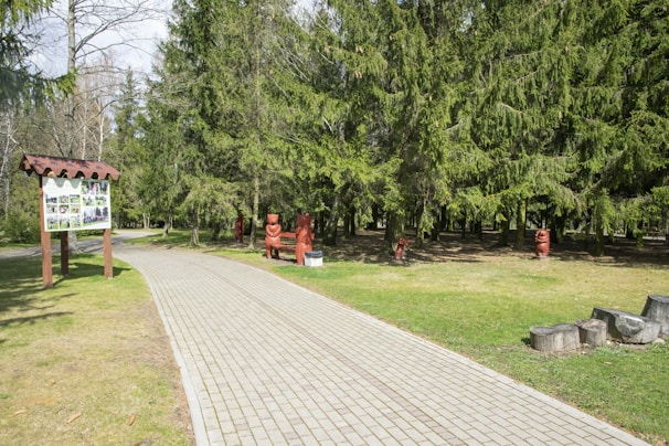 A paved pathway winds through a park setting with lush green grass and tall evergreen trees. Wooden sculptures, resembling people, are positioned near the path. A wooden sign with images and text is seen on the left, and wooden logs or seats are on the right.