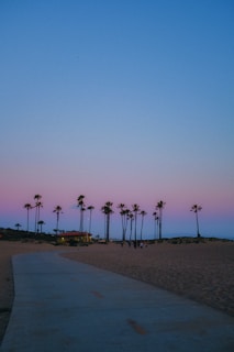 A serene beach scene with tall palm trees lining the horizon. A smooth pathway runs alongside the sandy beach, leading into the distance. The sky is an enchanting blend of pastel pink and blue, suggesting either sunrise or sunset. A group of people can be seen walking, adding a sense of scale and tranquility to the landscape.