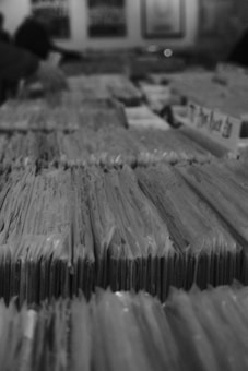 Rows of vinyl record sleeves are tightly packed in a store or collection. The focus is on the foreground with the sleeves forming neat vertical lines. In the background, though out of focus, posters or album covers are visible on the wall.