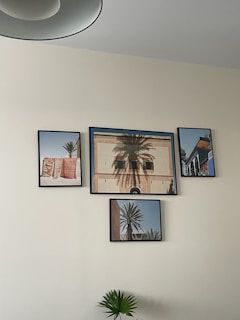 Minimalist gallery wall displaying framed photographic prints inspired by Mexican nature and light.