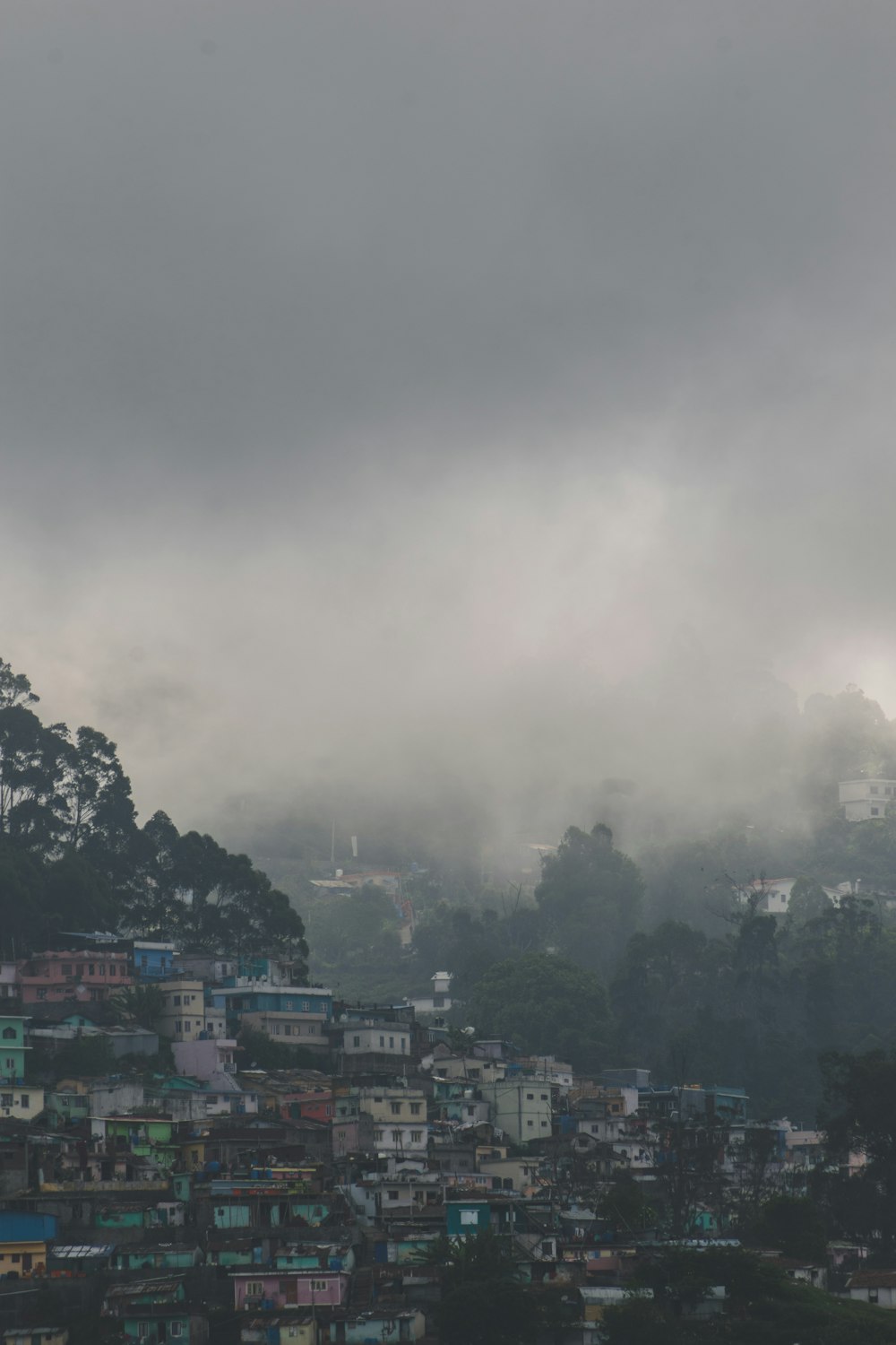 a city with lots of houses and trees under a cloudy sky