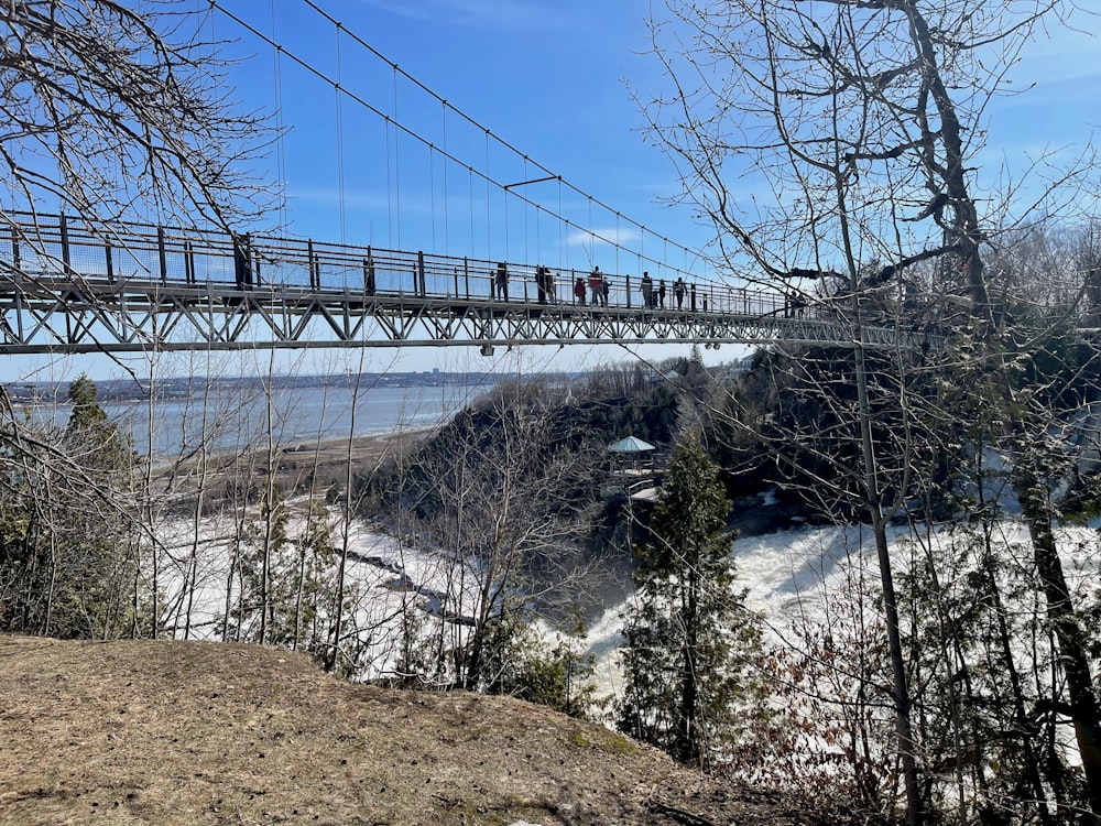 um grupo de pessoas caminhando através de uma ponte sobre um rio