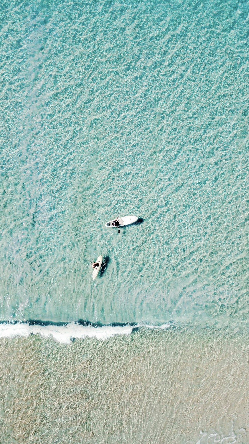 two surfers in the ocean with their surfboards