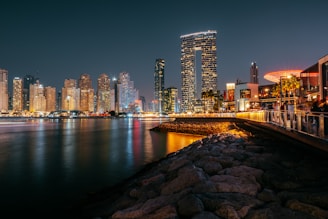 a bridge over a body of water with a city in the background