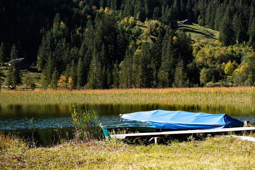 a blue boat sitting on top of a lush green field