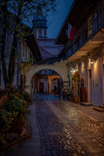 a cobblestone street with a clock tower in the background