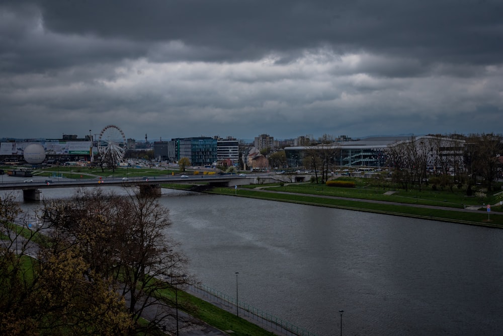 a river running through a city under a cloudy sky