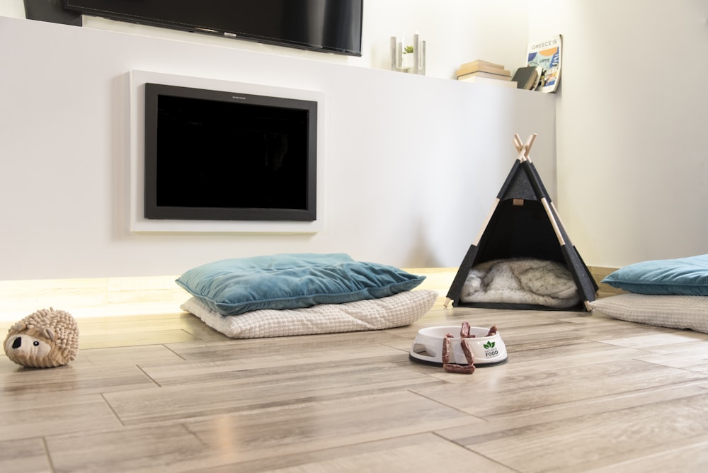 Une chambre avec une télévision et des oreillers au sol