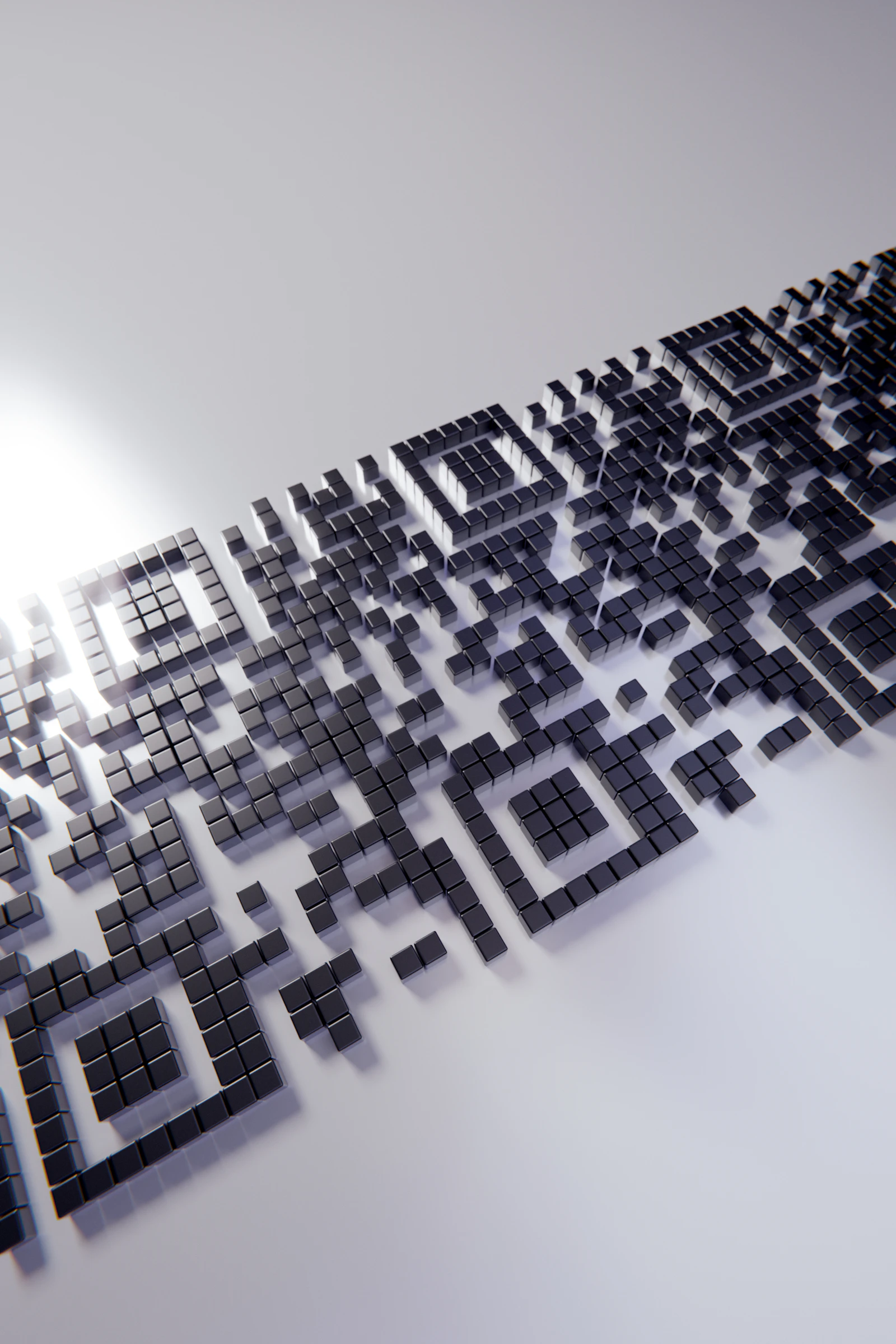 Abstract three-dimensional rendering of a QR code built from stacked cubes, representing the digital payment trail a national instant payment rail leaves behind