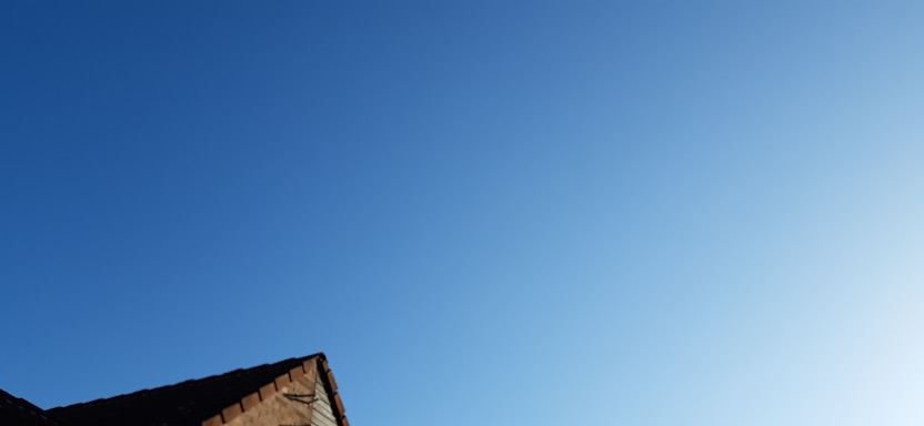 A section of a roof is visible in the lower part of the image against a clear blue sky. The roof is composed of tiles with a reddish-brown hue, partially illuminated by sunlight.