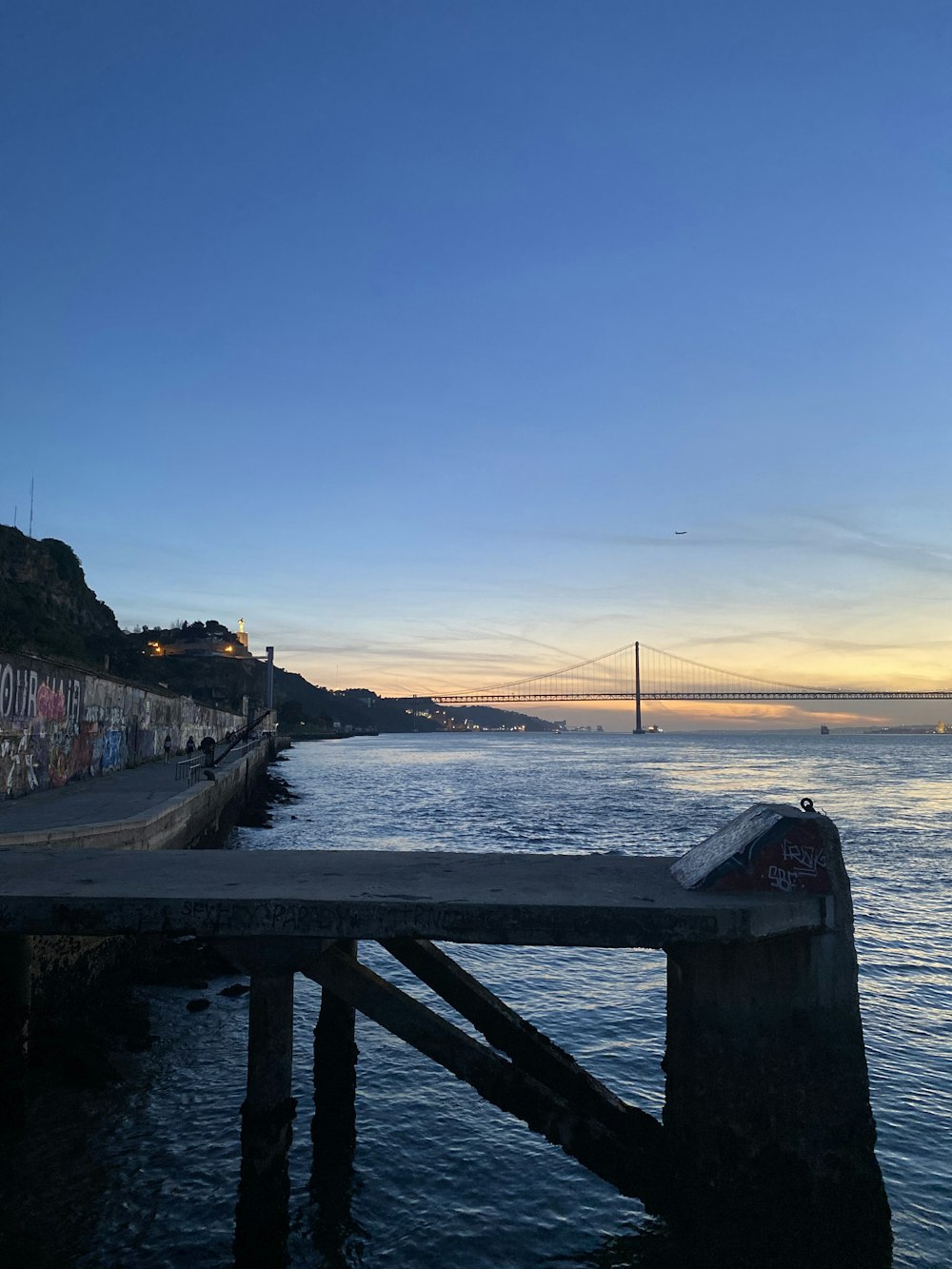 a view of a body of water with a bridge in the background