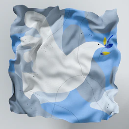 Delicate graphic of a stylized dove and cross with soft blue and gold tones.