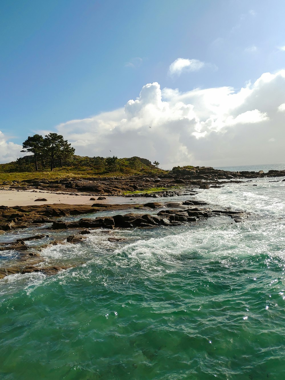 a sandy beach next to the ocean under a cloudy blue sky