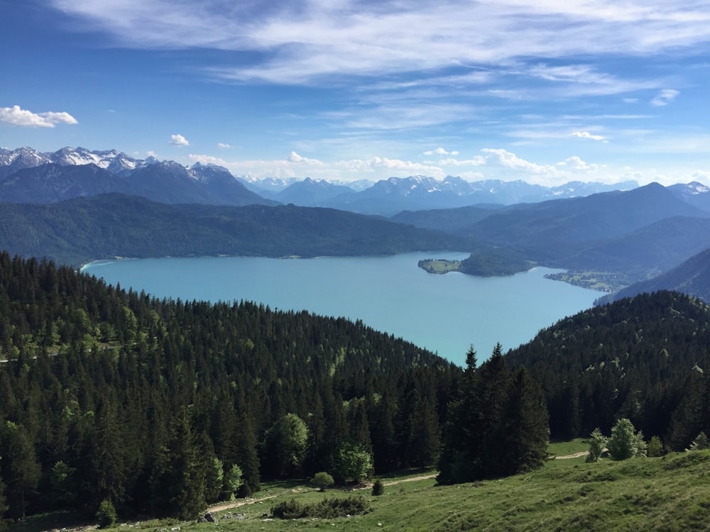 a scenic view of a lake surrounded by mountains