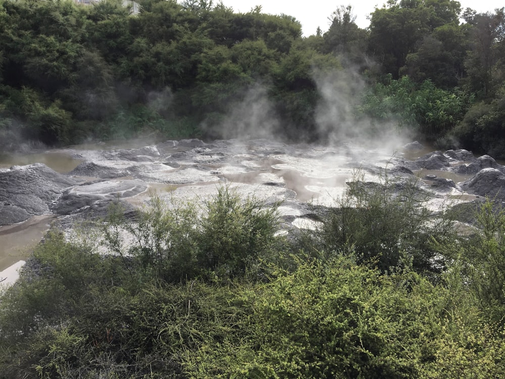 a river with steam rising from it surrounded by trees