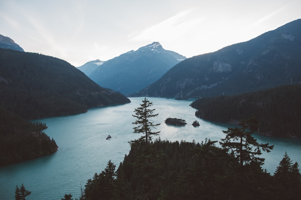 a large body of water surrounded by mountains