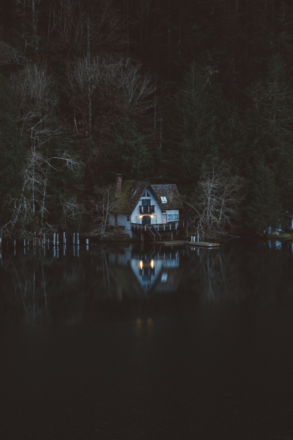 a house sitting on top of a lake next to a forest