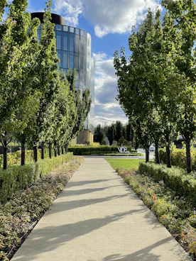 a walkway in the middle of a park with a building in the background