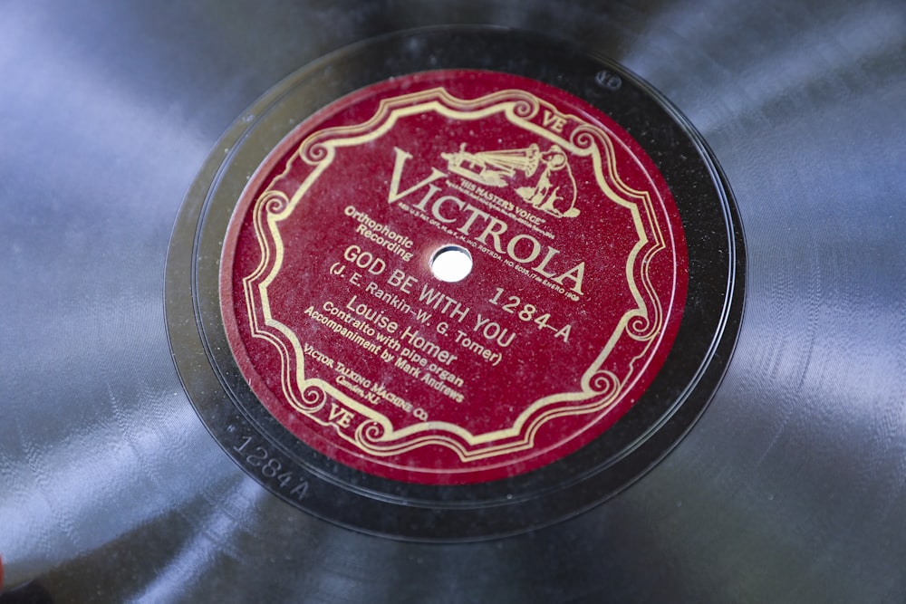 a record with a red label on it