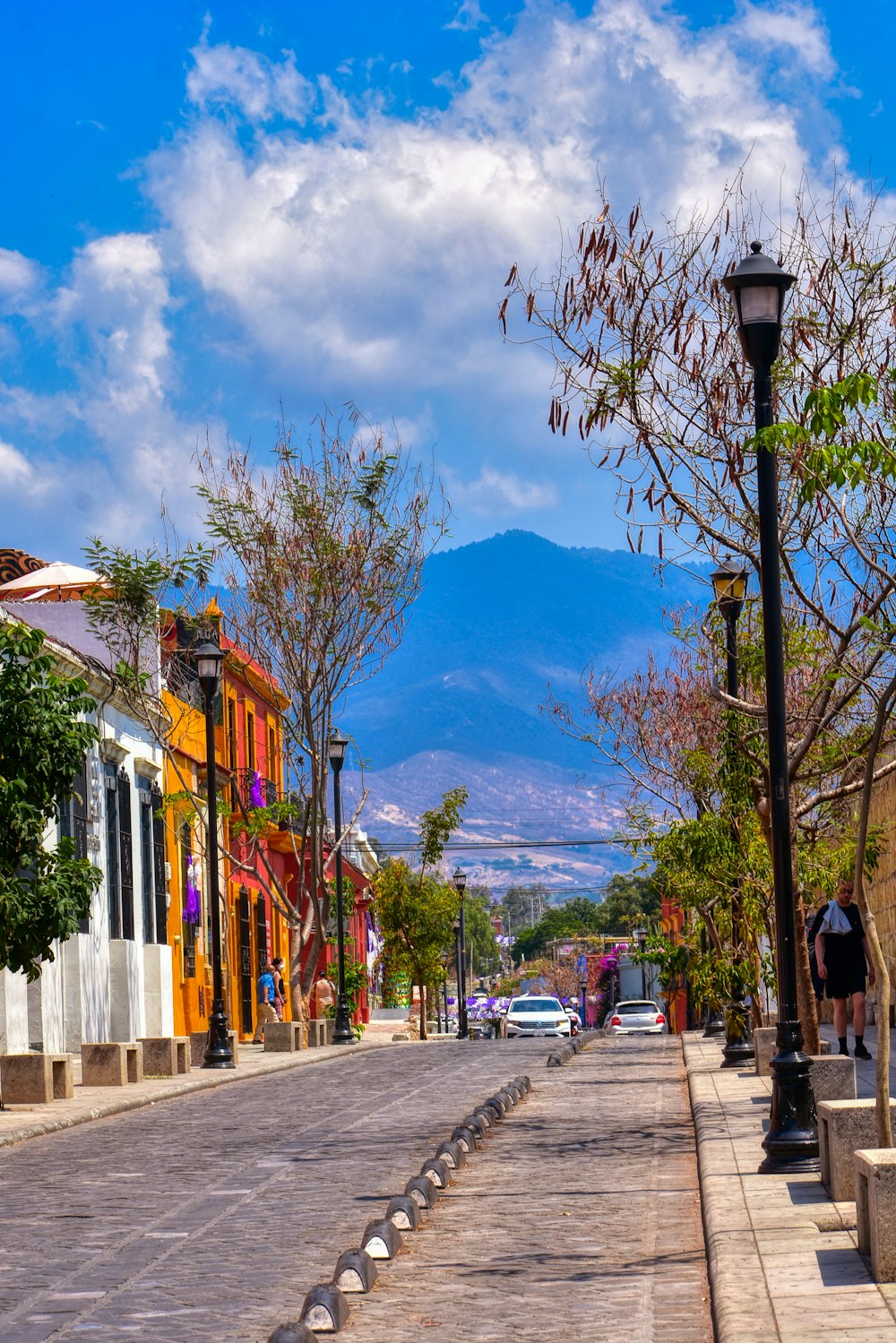 a city street with a lamp post and a mountain in the background