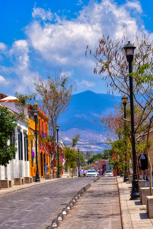 a city street with a lamp post and a mountain in the background