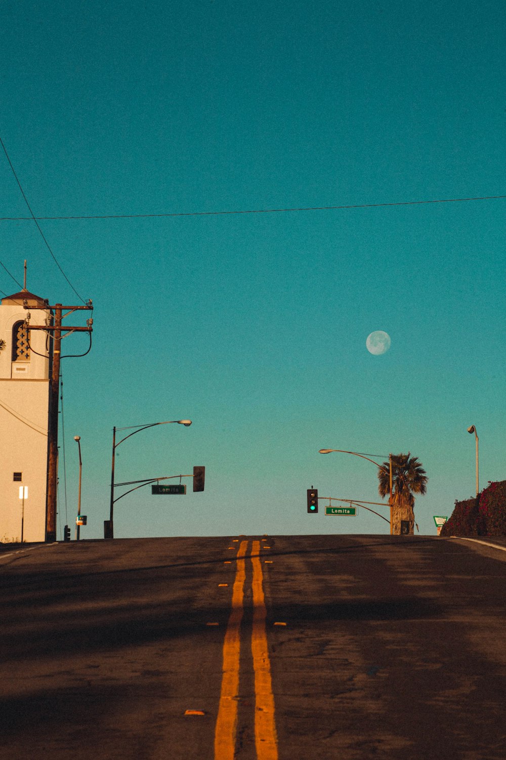 an empty street with a stop light and palm trees