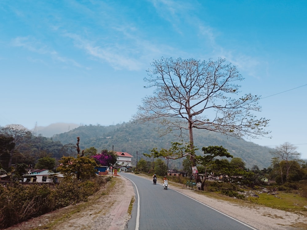 a person riding a motorcycle down a rural road