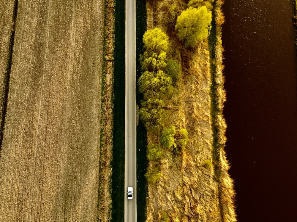 an aerial view of a road running through a field