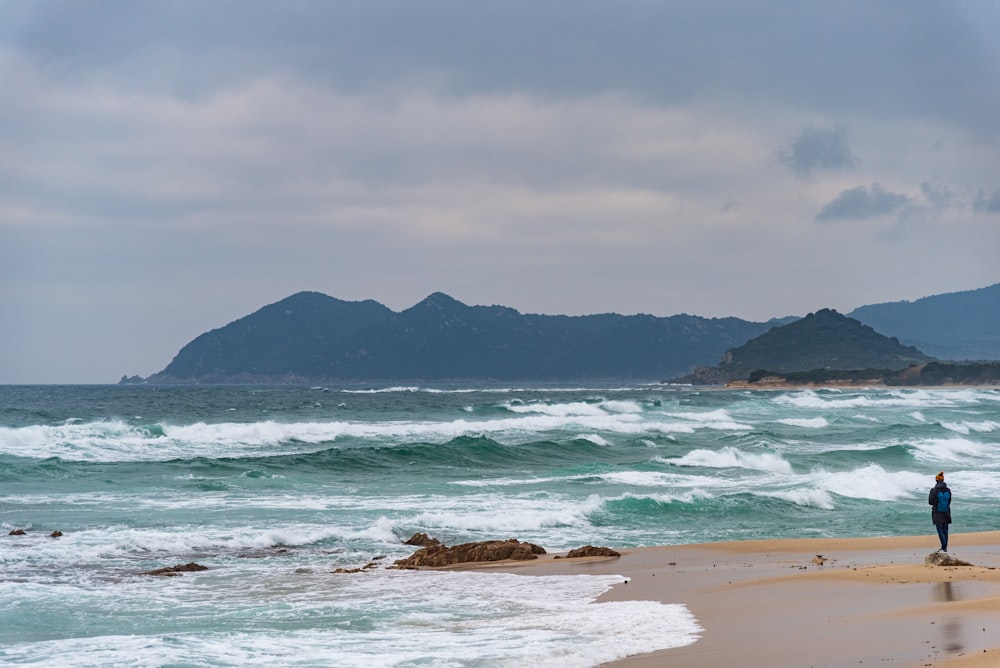 a person standing on a beach next to the ocean