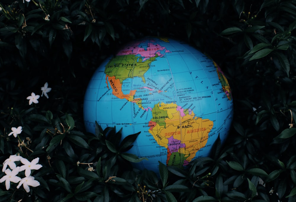 a blue and yellow globe surrounded by leaves and flowers