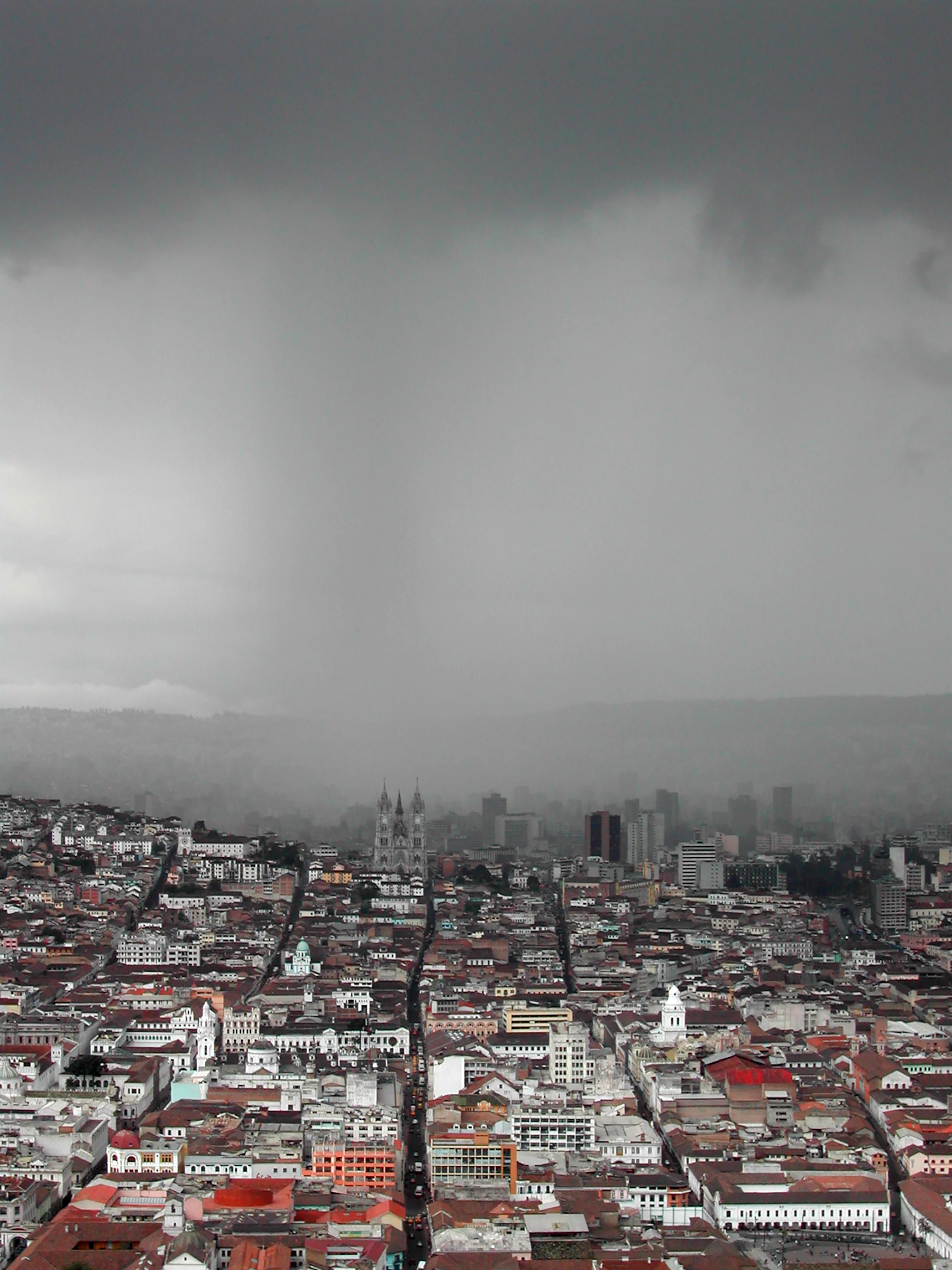 Quito's historic centre and Basilica del Voto Nacional seen from El Panecillo
