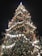 A large, beautifully decorated Christmas tree adorned with an array of glowing lights, colorful ornaments, and ribbons. The tree's decorations include red baubles, miniature houses, snowmen, and other festive items, all illuminated by the bright white lights that create a warm and inviting atmosphere against the dark night sky.