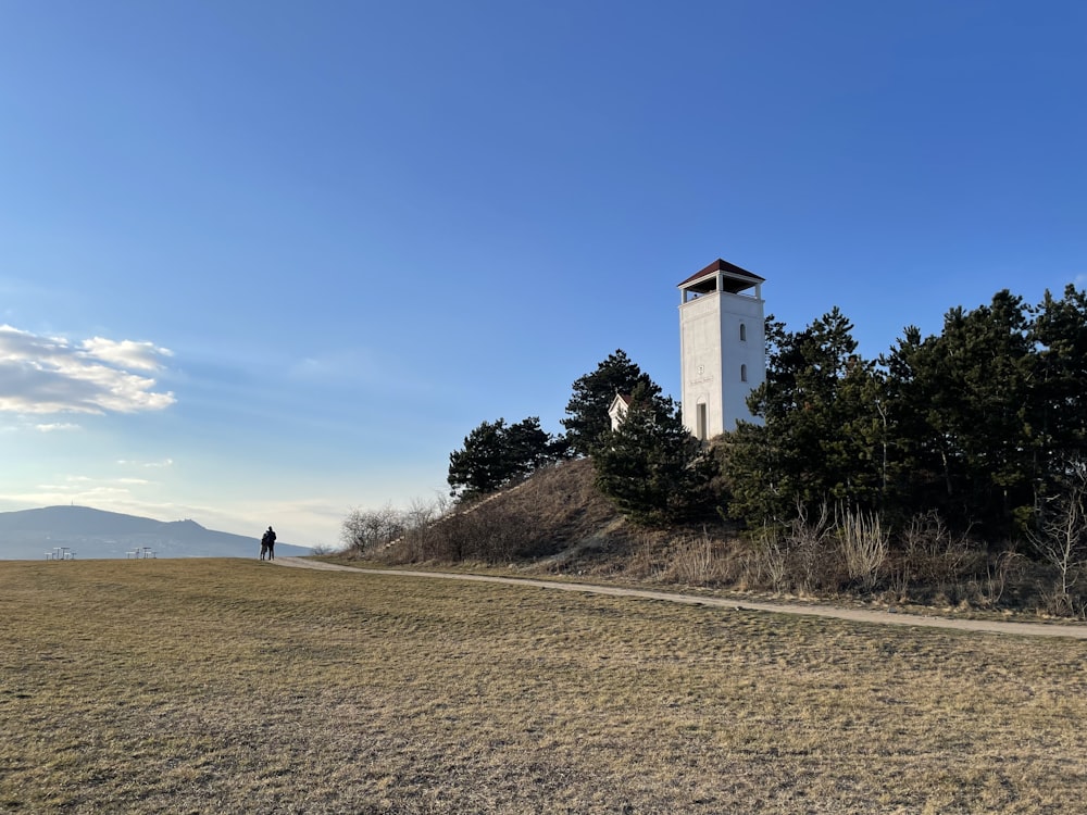 a tall white tower sitting on top of a lush green field