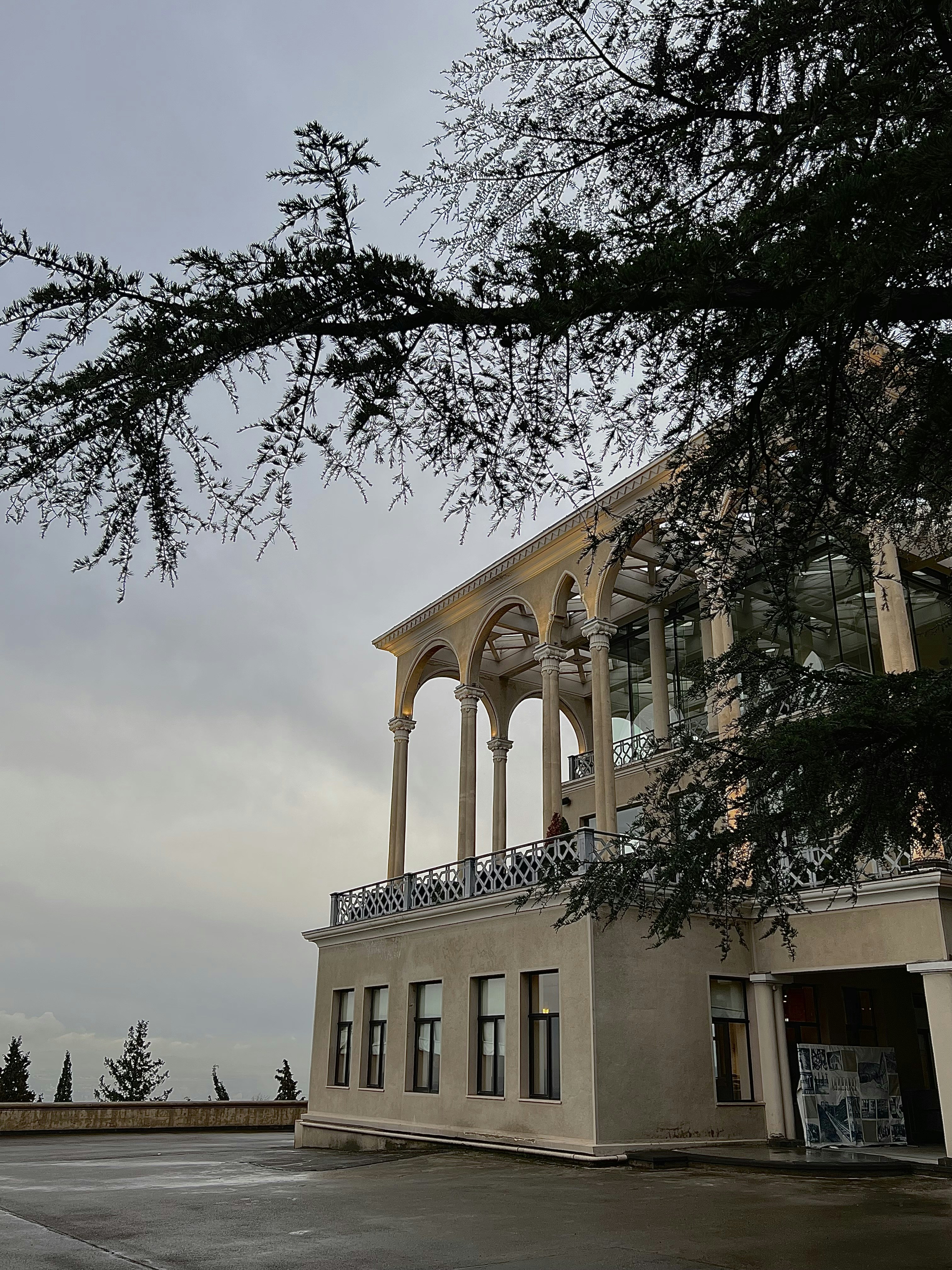 un grande edificio con un grande albero di fronte ad esso