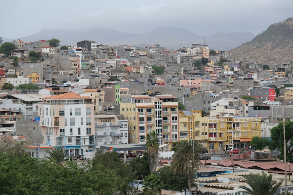 a view of a city with mountains in the background