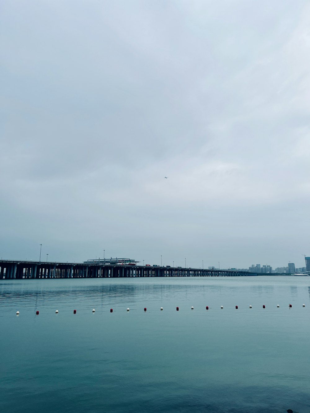 a large body of water with a bridge in the background