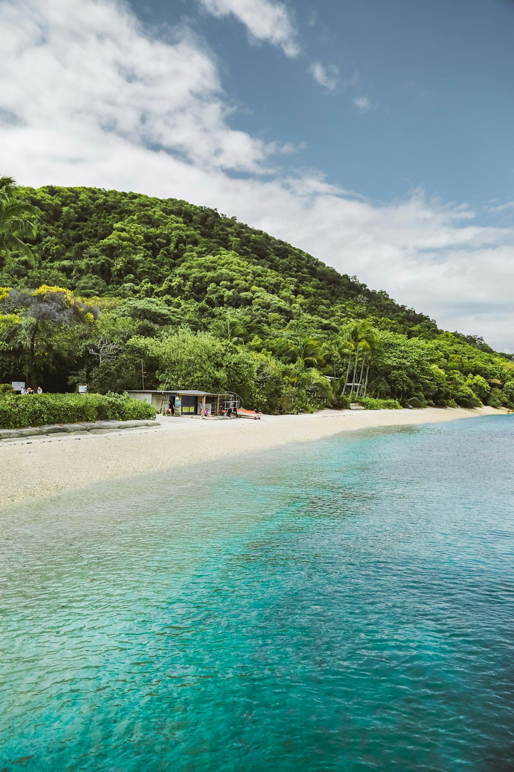 a sandy beach next to a lush green hillside