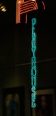 Bright neon sign reading 'Playhouse' in teal letters vertically aligned against a dark background, with a red neon 'P' above it. The dimly lit surroundings suggest a nighttime or indoor setting.