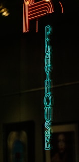 Bright neon sign reading 'Playhouse' in teal letters vertically aligned against a dark background, with a red neon 'P' above it. The dimly lit surroundings suggest a nighttime or indoor setting.