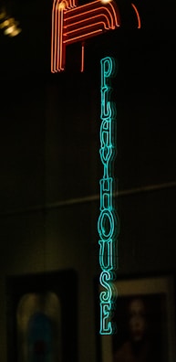 Bright neon sign reading 'Playhouse' in teal letters vertically aligned against a dark background, with a red neon 'P' above it. The dimly lit surroundings suggest a nighttime or indoor setting.