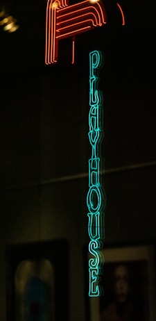 Bright neon sign reading 'Playhouse' in teal letters vertically aligned against a dark background, with a red neon 'P' above it. The dimly lit surroundings suggest a nighttime or indoor setting.