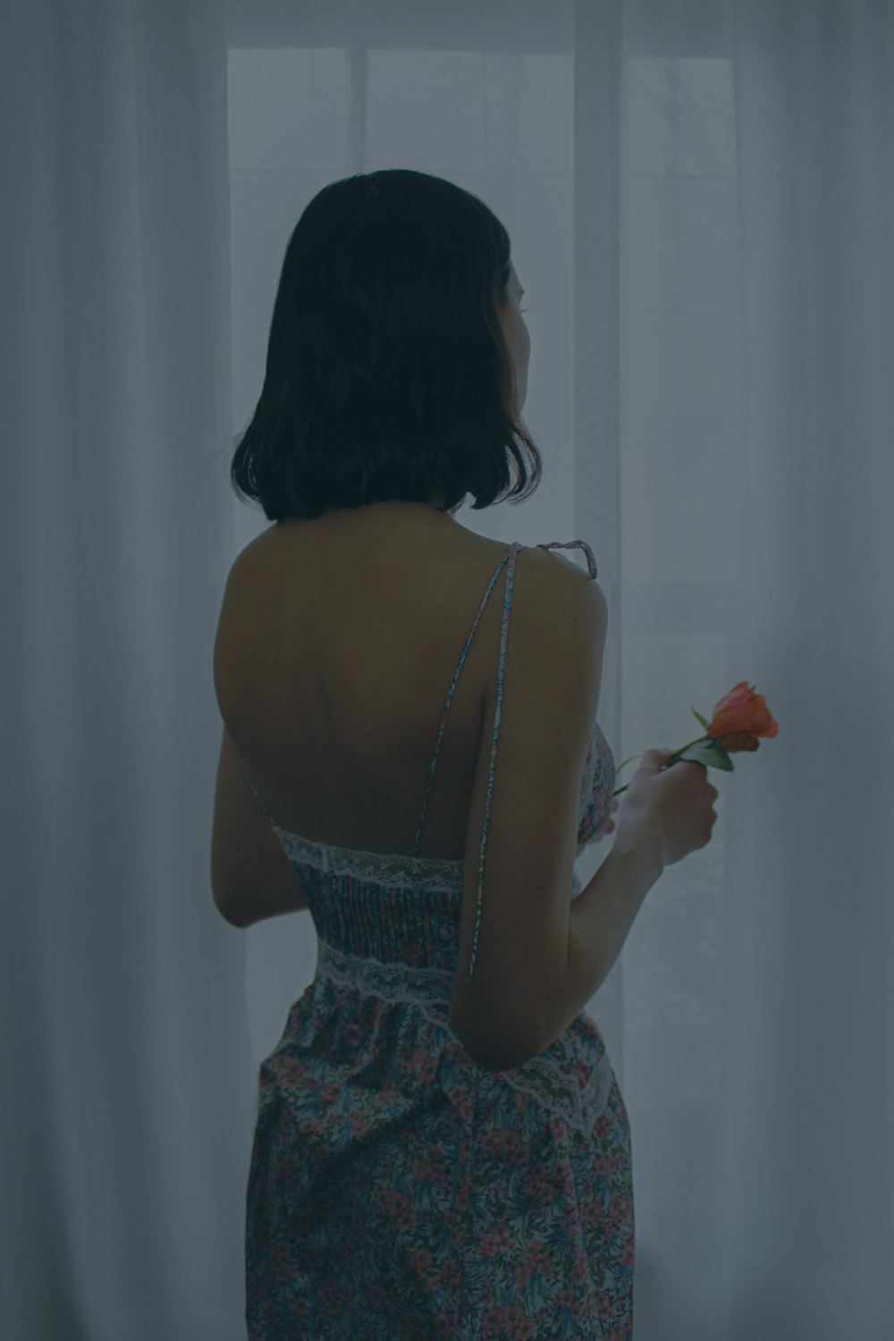 a woman standing in front of a window holding a rose