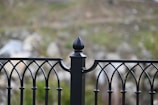 An ornate metal fence with a pointed top finial in the center. The metal is painted black and features decorative curved designs. The background is blurry and consists of natural elements like green and brown hues, suggesting an outdoor setting.