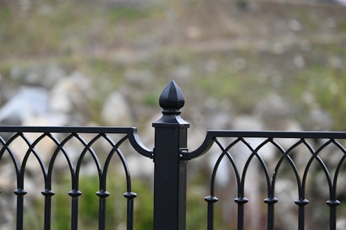 An ornate metal fence with a pointed top finial in the center. The metal is painted black and features decorative curved designs. The background is blurry and consists of natural elements like green and brown hues, suggesting an outdoor setting.
