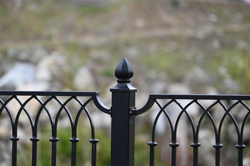 An ornate metal fence with a pointed top finial in the center. The metal is painted black and features decorative curved designs. The background is blurry and consists of natural elements like green and brown hues, suggesting an outdoor setting.