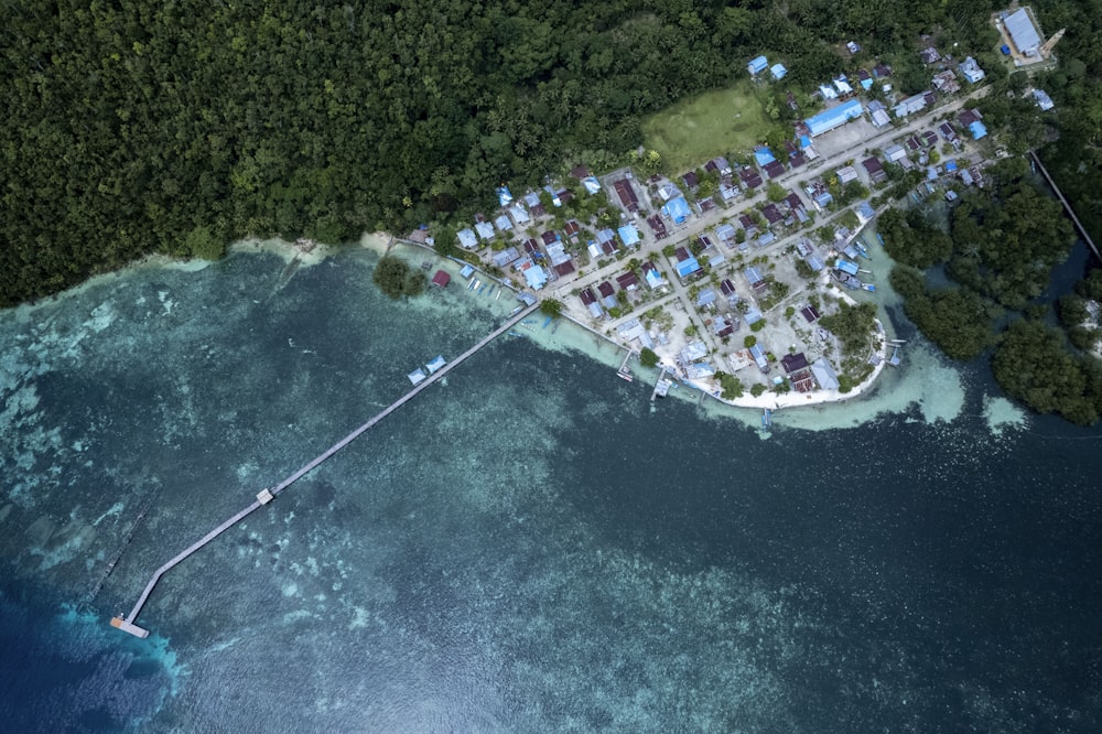 an aerial view of an island in the middle of the ocean