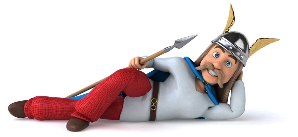 a cartoon character laying on the ground with a spear