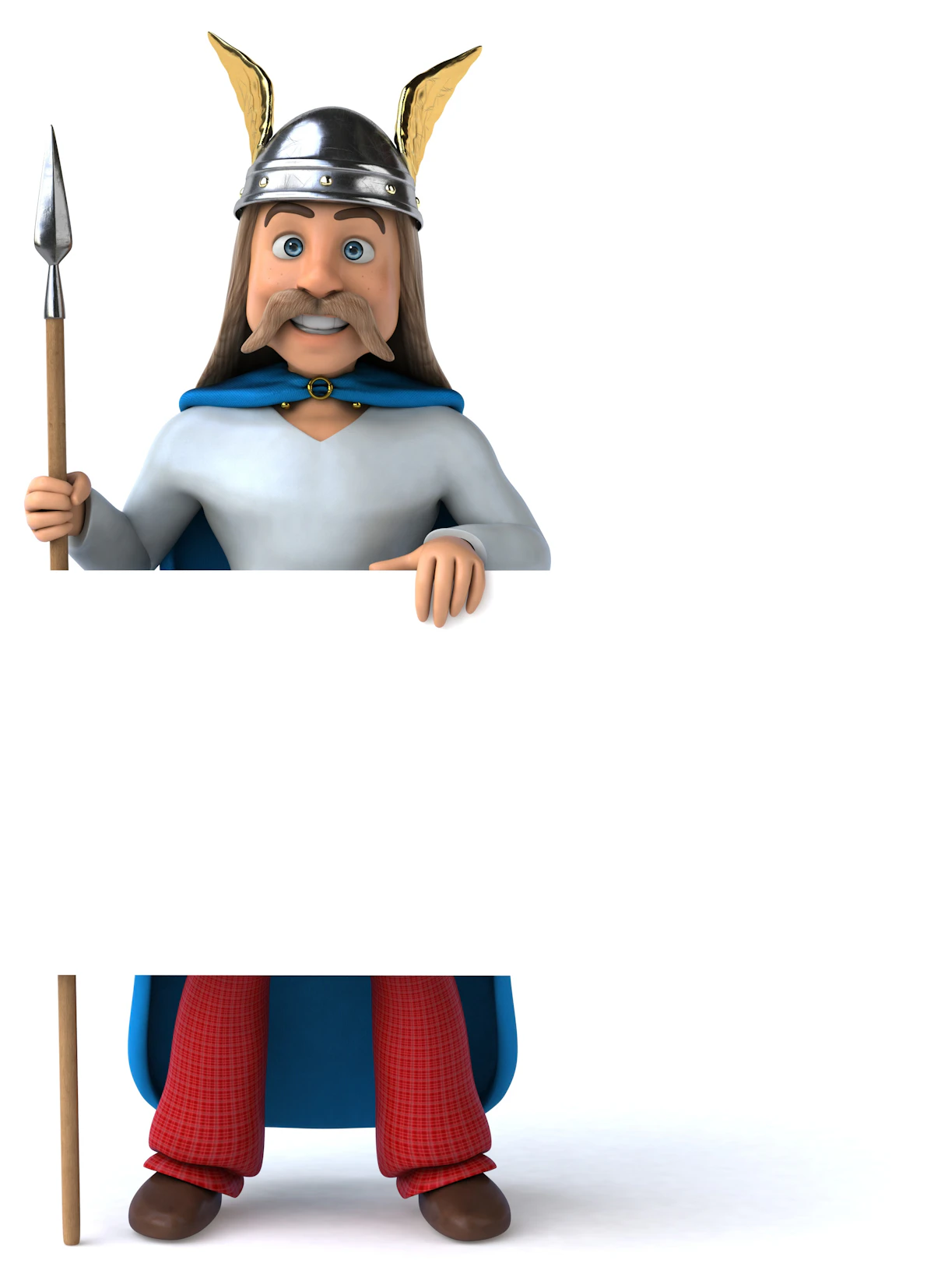 Stylized 3D cartoon warrior character with an oversized helmet and thick moustache, playful toy-like render
